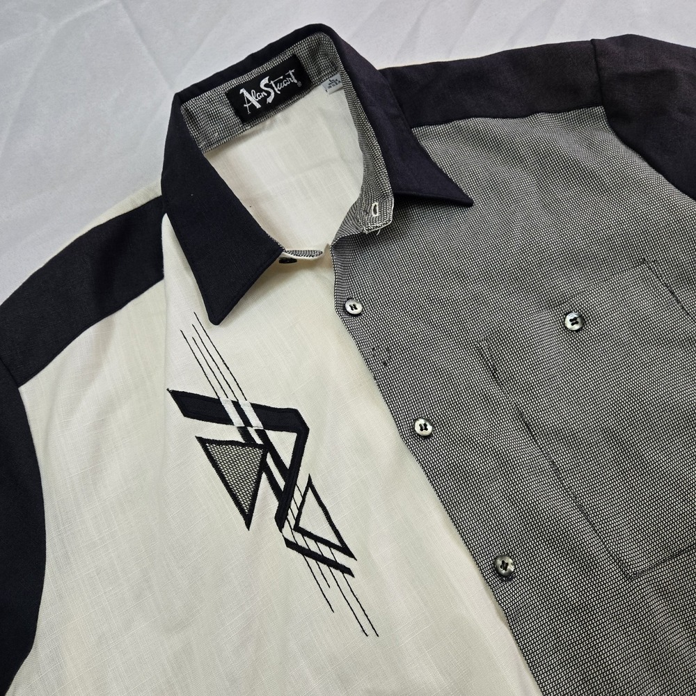 Vintage Alan Stuart Shirt Men's Large Black Bowl Geometric Atomic Waist Polo